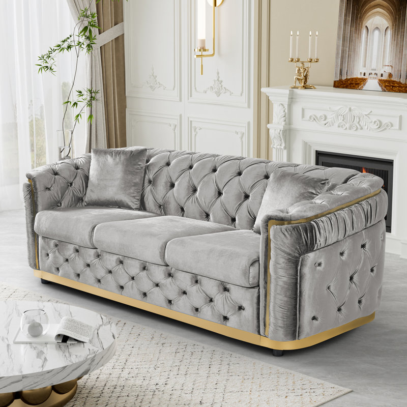  Canapé 85 po en velours Chesterfield, Gris / Or