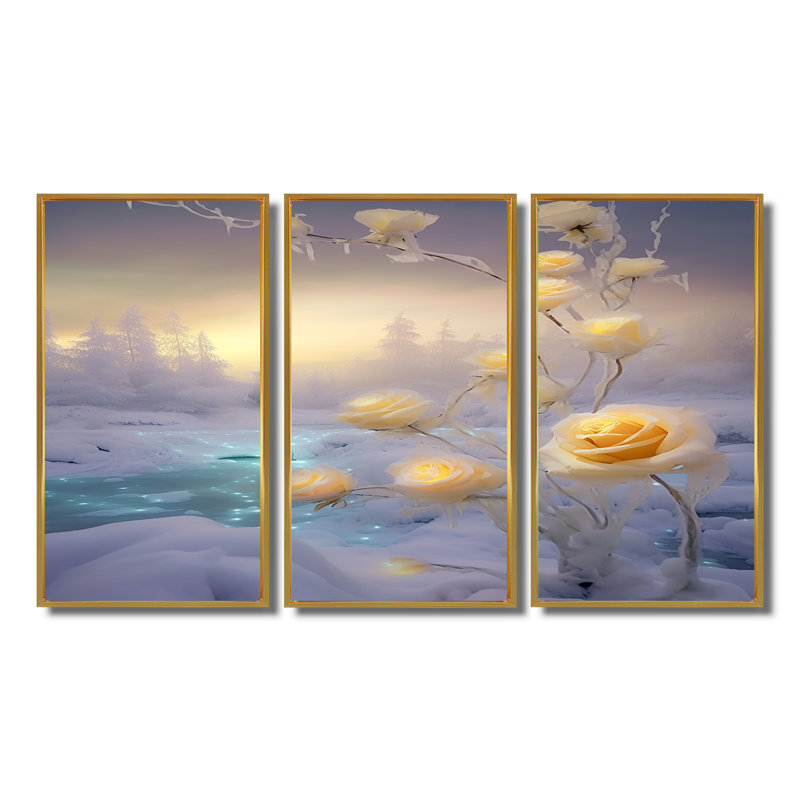 Ensemble d'art mural Middleborough - Roses, Cadre flottant doré, H 32 po x l 48 po x P 1 po