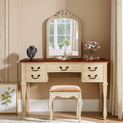 46" Vintage Vanity with Floral Carved Mirror, 5 Drawers & Leather Stool, Cream & Walnut Finish, Solid Rubber Wood Legs