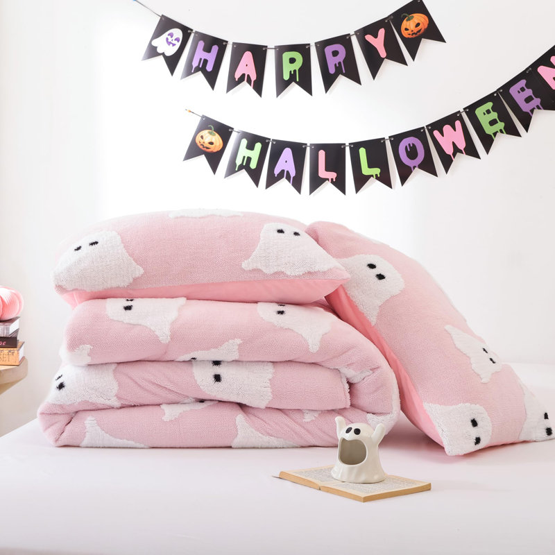 Ensemble d'édredon 3 pièces Smuffy Halloween - fantômes blancs 3D avec deux taies d'oreiller, Rose/Blanc