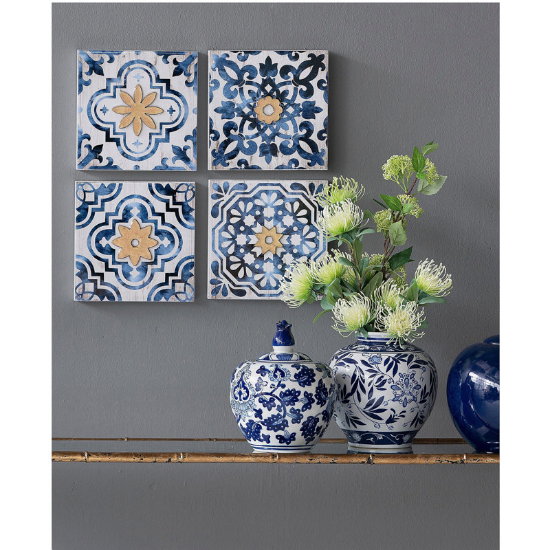S/4 Abstract Blue, White, and Gold Wall Decor Accents, 9.5x9.5"