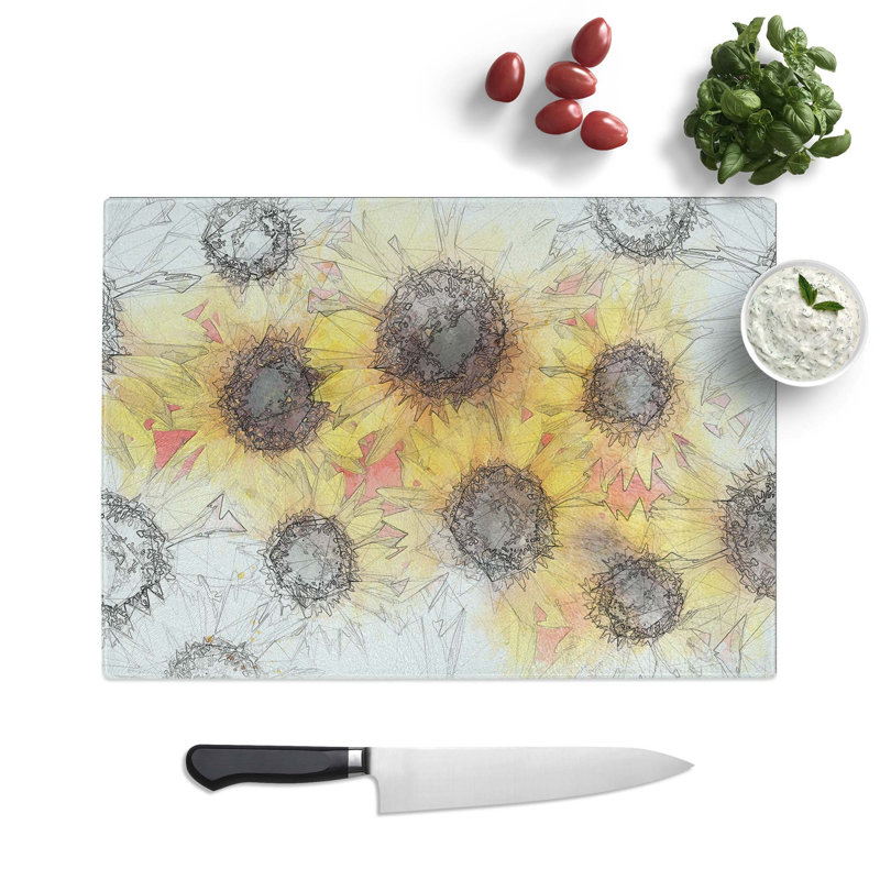Tempered Glass Wall of Yellow Sunflowers in Abstract Chopping Board, 28.5 cm W x 20 cm L