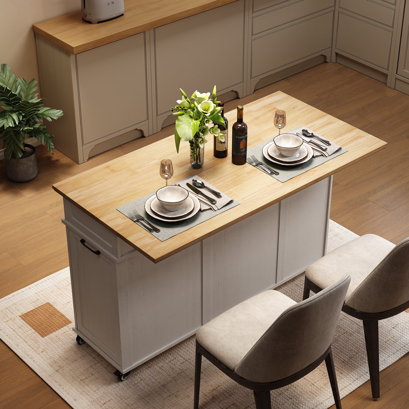 55" Kitchen Island with Kitchen Trash Cabinet, Lockable Wheels, 2 Large Drawers, and Spacious Storage Cabinets for Kitchen, Dining Room
