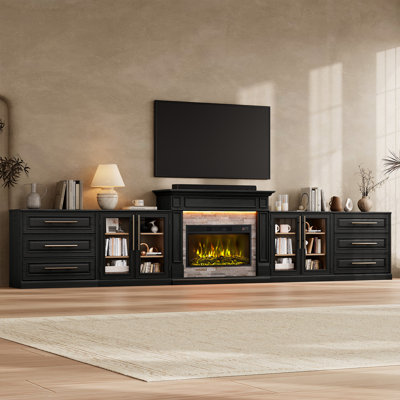 Meuble télé avec foyer intégré de 432 cm (170 pouces), rangement, centre multimédia extra large noir mat pour téléviseurs jusqu'à 305 cm (120 pouces), console moderne avec 6 tiroirs et 4 portes vitrées, meuble foyer électrique pour salon.