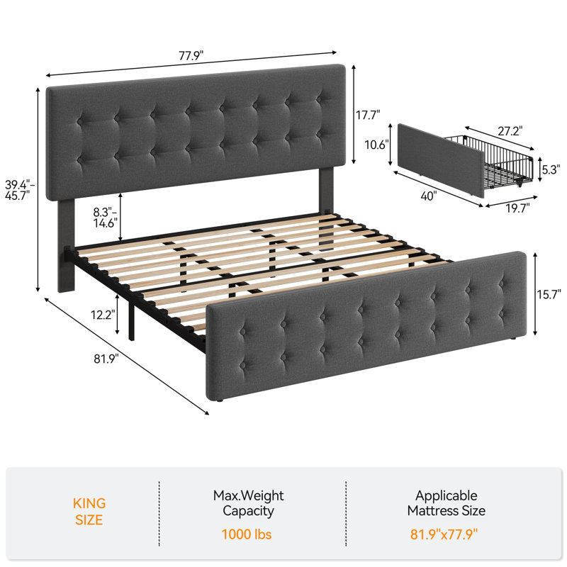 King Bed Frame With Headboard And 4 Storage Drawers, Platform Bed Frame Square Stitched Button Tufted, King, Light Grey