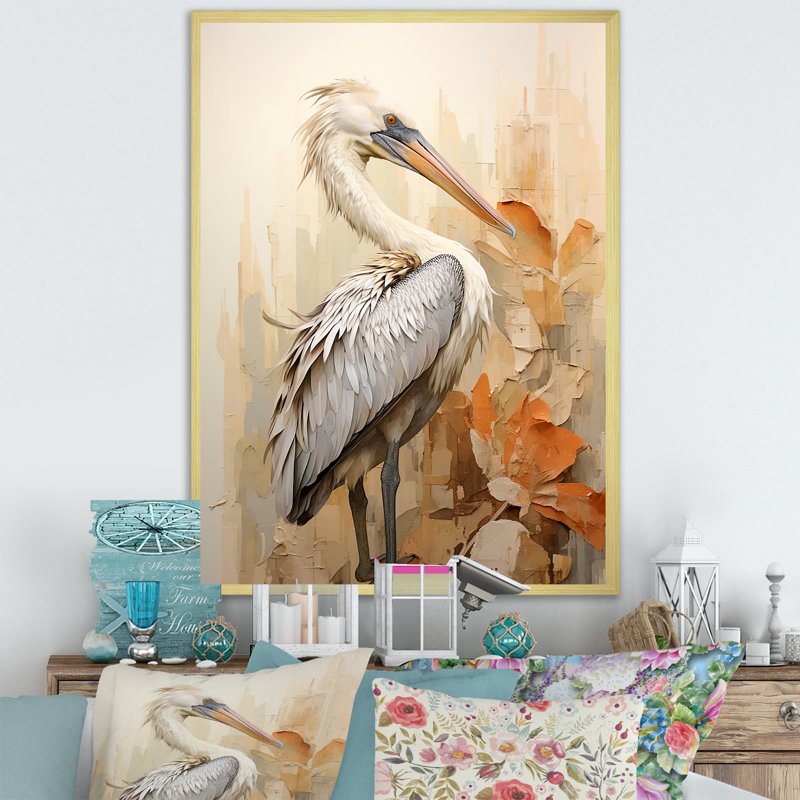 Pelicans Tranquil Perch sur impression sur toile, Cadre photo doré simple, H 32 po x l 16 po x P 1 po