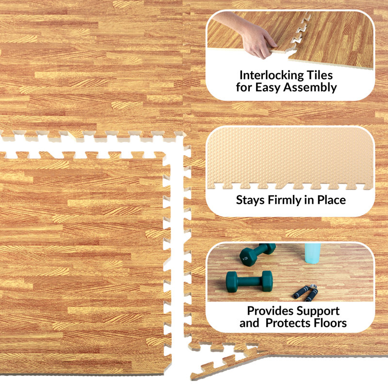 Carreaux de sol en mousse Stalwart 24 SQFT - Carreaux de mousse imbriqués grain de bois avec bordure - Tapis de jeu en mousse pour salle de sport