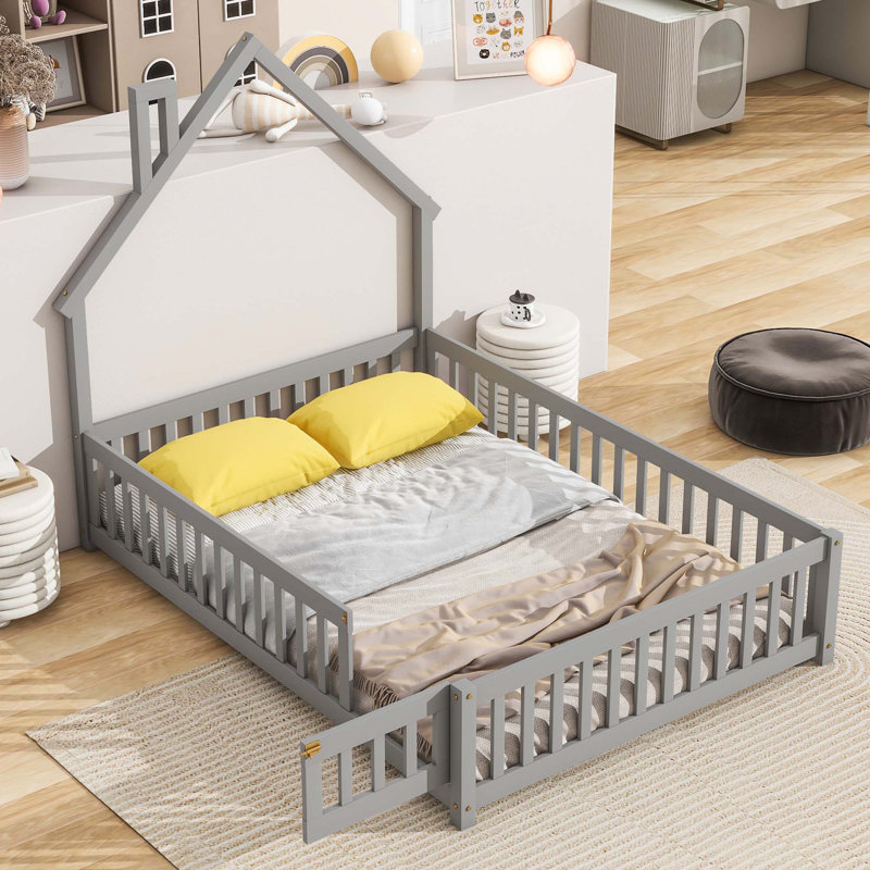 Lit de tête de lit en forme de maison, Gris, Double