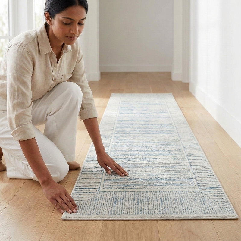 Tapis tissé à la machine Isborne , Bleu / Ivoire, Tapis de couloir 2 pi 7 po x 10 pi
