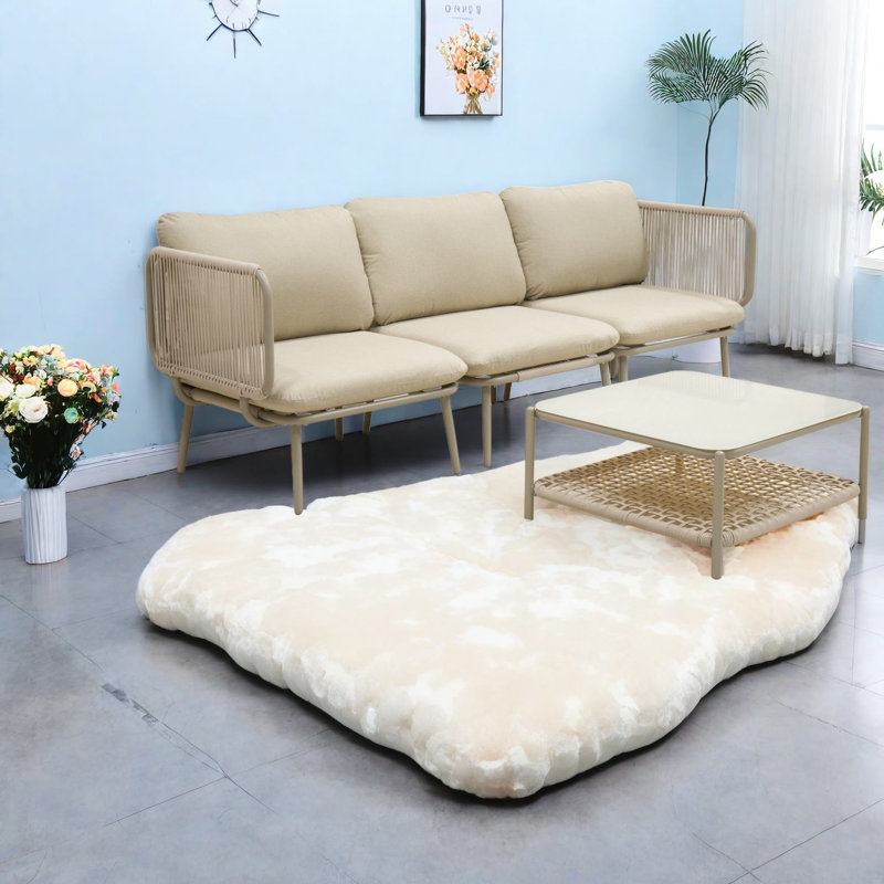 Fauteuil de coin moderne, structure en métal tressé beige, assise de terrasse