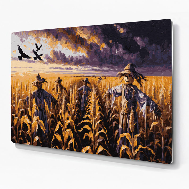 Art mural d'Halloween, champs de maïs et épouvantails en métal noir, H 20 po x l 24 po