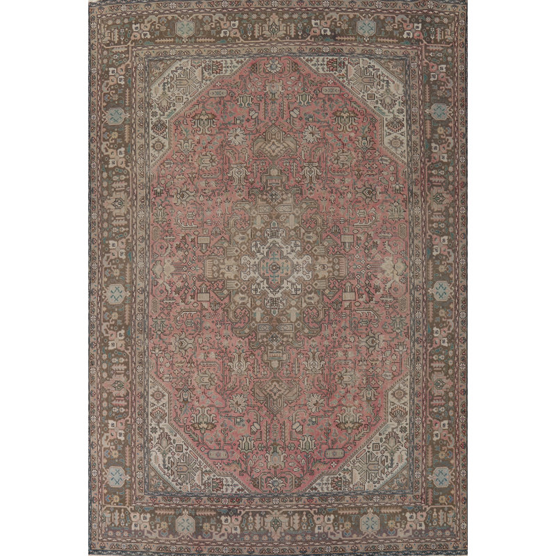 Tapis traditionnel rose délavé à motif géométrique 9 x 13