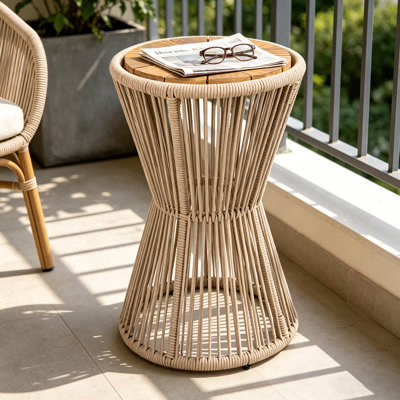 Table d'appoint d'extérieur avec base en corde et plateau en bois d'acacia pour patio et jardin