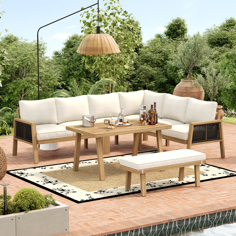 Acacia Wood Garden Lounge Set, Corner Sofa and Coffee Table with Woven Rope