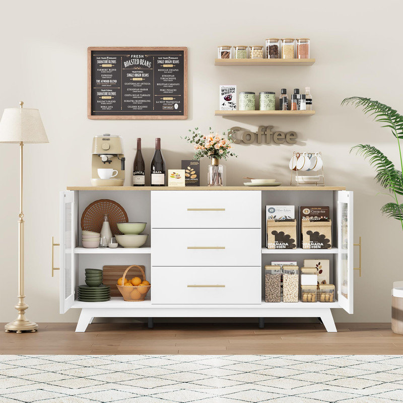 56-Inch  Cabinet with Storage and Textured Glass Doors - Coffee Bar Table with Gold Handles for Kitchen. Dining Room. Living Room or Entry Area