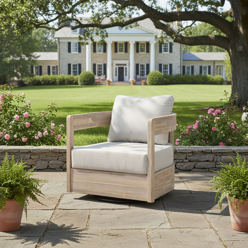 Fauteuil club d'extérieur pivotant en bois, finition blanc clair avec coussin, Beige
