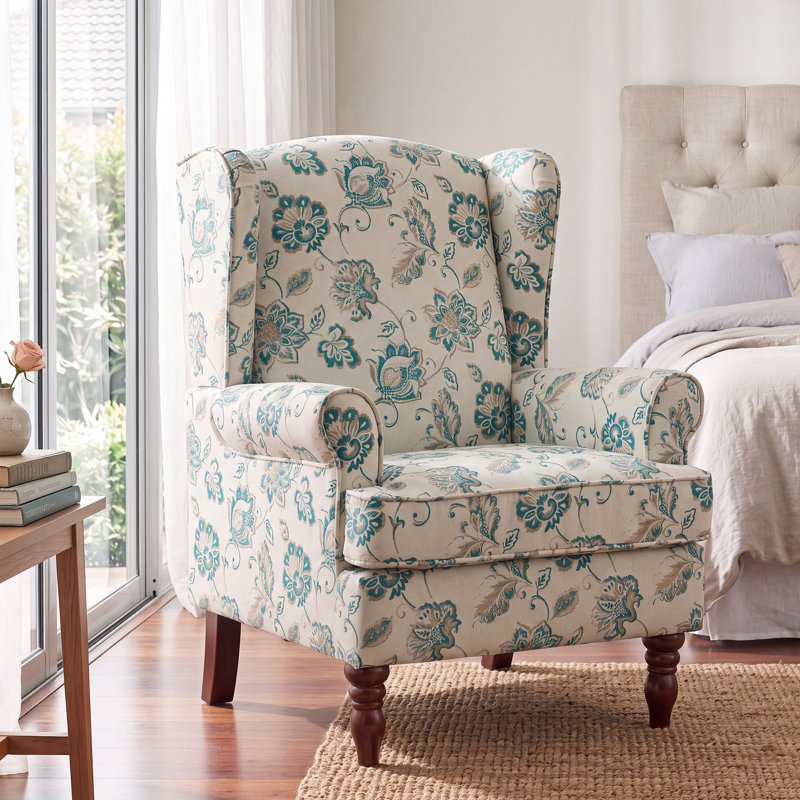 Fauteuil rembourré en lin avec pieds en bois massif, Blanc / motif floral vert