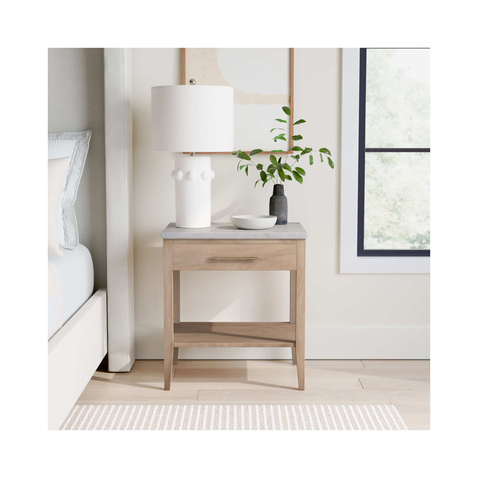 Grazyna Solid Wood Nightstand with Marble Top, Natural/Ivory
