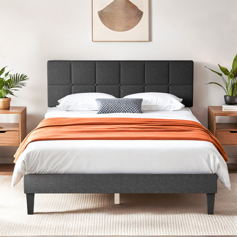 Platform Bed Frame with Upholstered Adjustable Headboard, No Box Spring Needed, Dark Grey, Queen