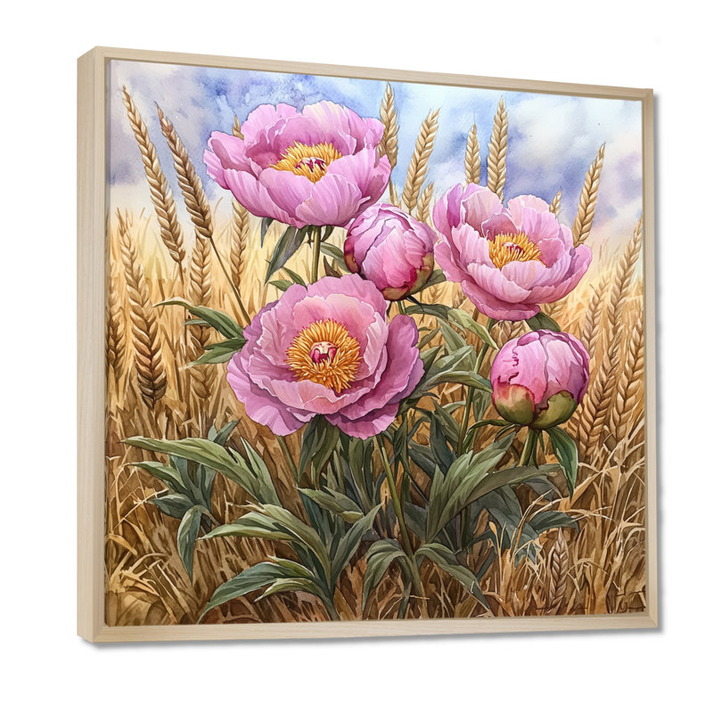Pivoines dans le champ de blé III - pivoines, art mural, H 16 po x l 16 po, Impression encadrée flottante, Crème, crème