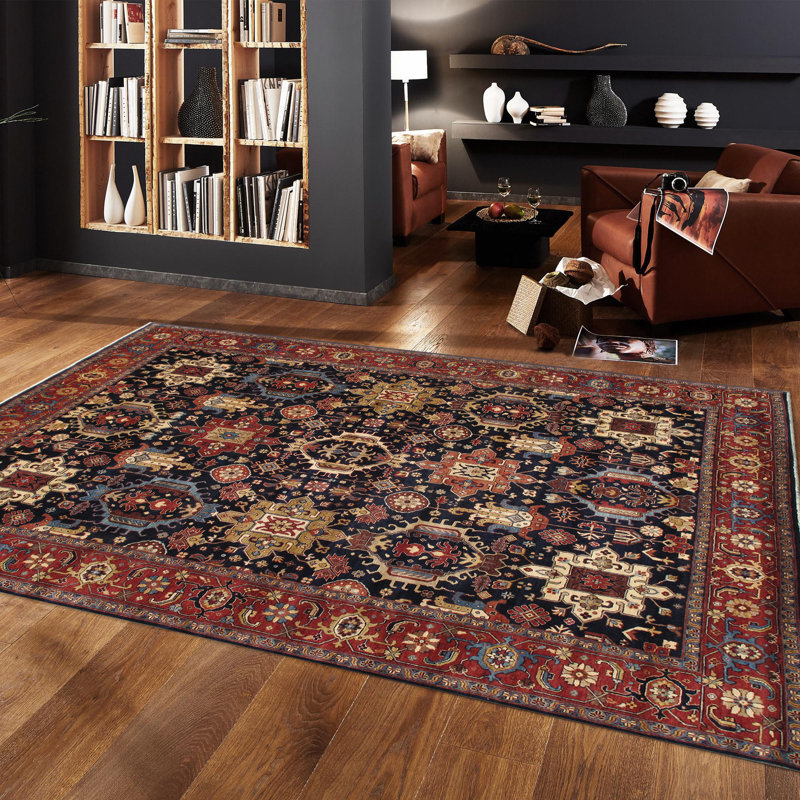 Azerbaijan Hand Knotted Wool Oriental Area Rug in Navy / Rust, Rectangle 7'9" x 10'3"