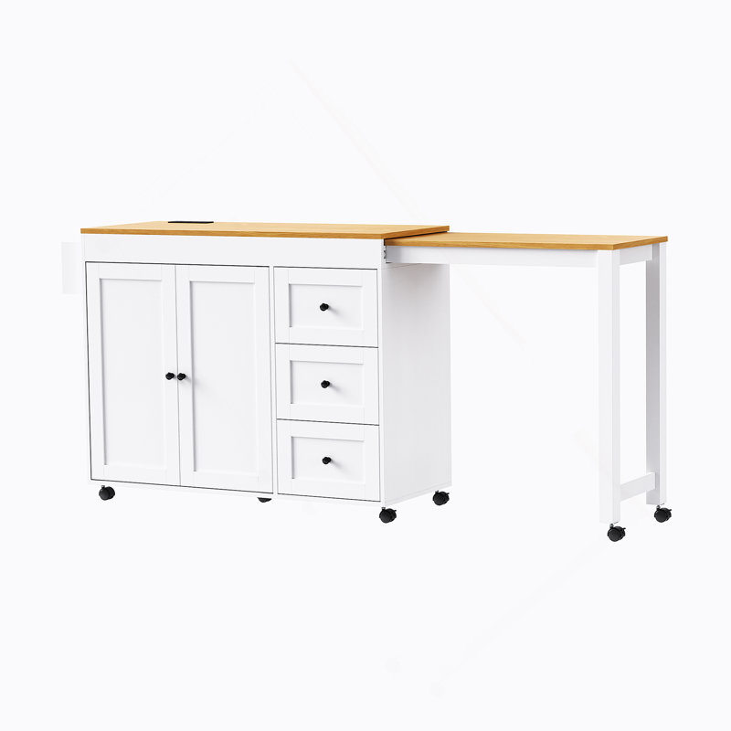 74.8" Kitchen Island With Extendable Dining Table, Kitchen Storage Cart With 3 Drawers, Power Outlet, Rolling Kitchen Island On Wheels With Spice Rack And 2 Door Cabinet