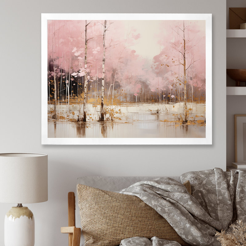 «Minimalisme rose et forêt dorée I», art sur toile, H 30 po x l 40 po x P 1,5 po, Cadre simple blanc