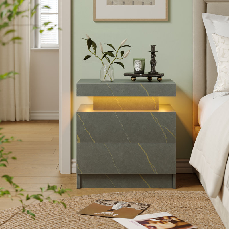 Table de chevet moderne avec lumière DEL et 2 tiroirs, Gris/doré