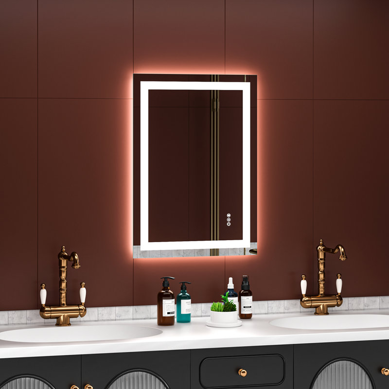 Frameless Led Bathroom Mirror Lighted Bathroom Vanity Mirror With Anti-Fog, Rectangle, 28" x 20"