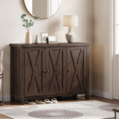 Armoire à chaussures Farmhouse avec 3 portes de grange et pieds en bois, grand rangement à chaussures à 7 niveaux avec 2 tablettes réglables, range-chaussures pour l'entrée, couloir, brun