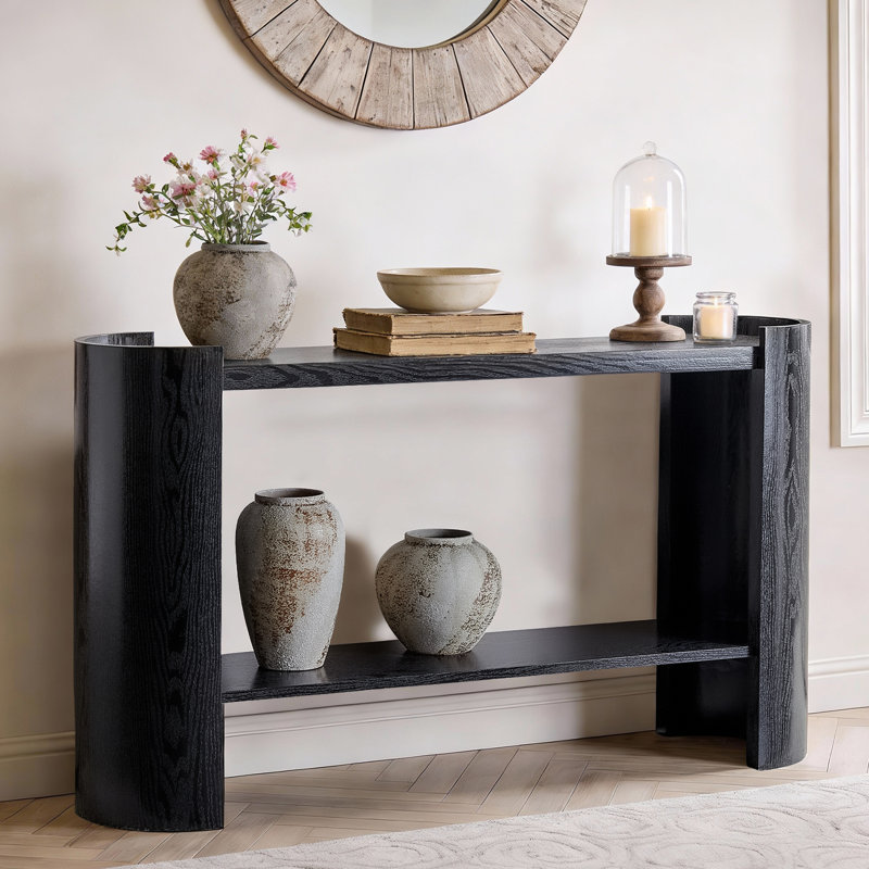 Console 53 po à double couche en grain de bois noir avec design incurvé - vestibule, table d'appoint ou de vestibule peu encombrante pour un décor moderne et minimaliste