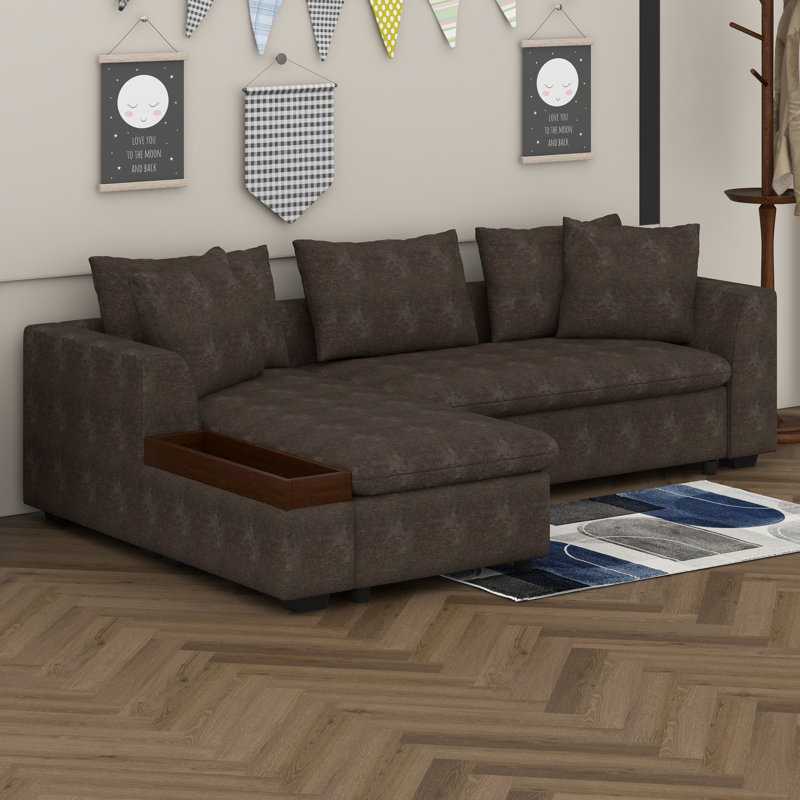 Canapé modulaire en L avec compartiment de rangement en bois, canapé revêtu de chenille et coussins décoratifs, Brun