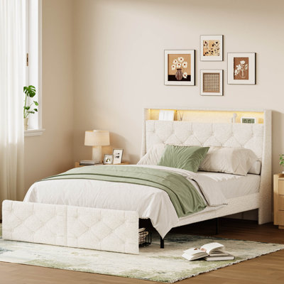 Queen Size Teddy Upholstered Platform Bed with LED Lighting and 2 Storage Drawers, Tufted Wingback Headboard