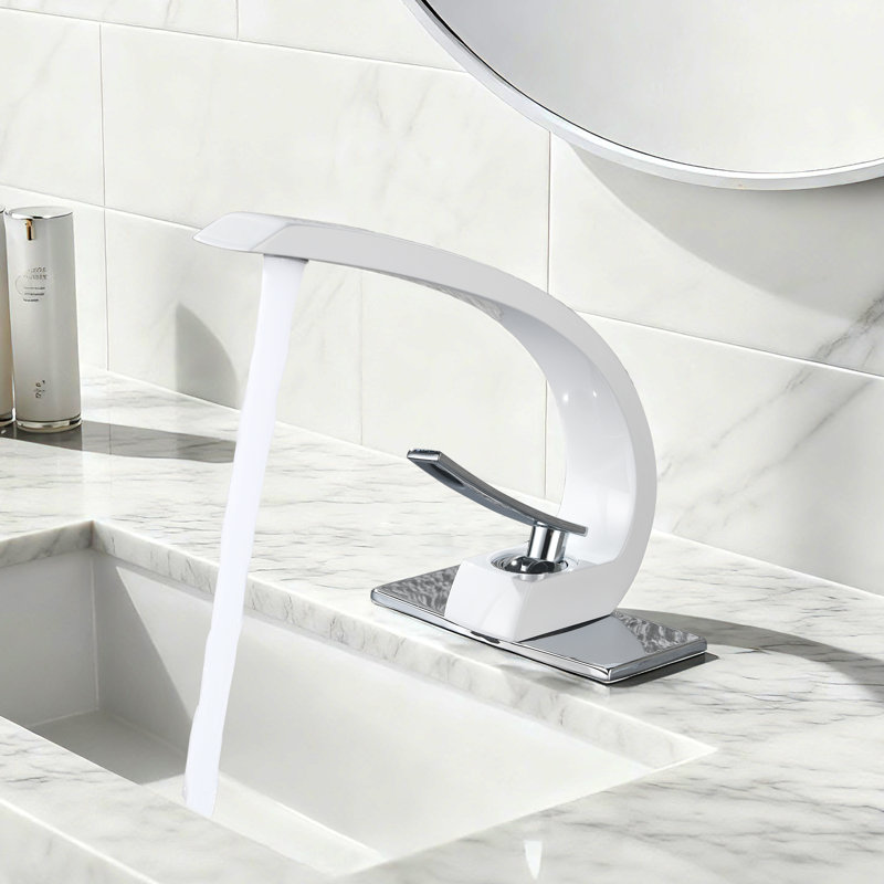 Robinet de lavabo pour salle de bain à poignée simple - monotrou - laiton massif, Chrome / blanc poli