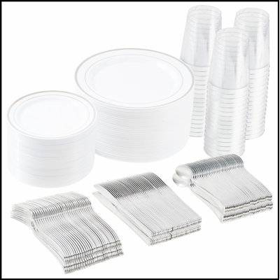 Durable Gold and Silver Plastic Tableware Set for Large Gatherings, Reusable and Elegant for 50+ Guests