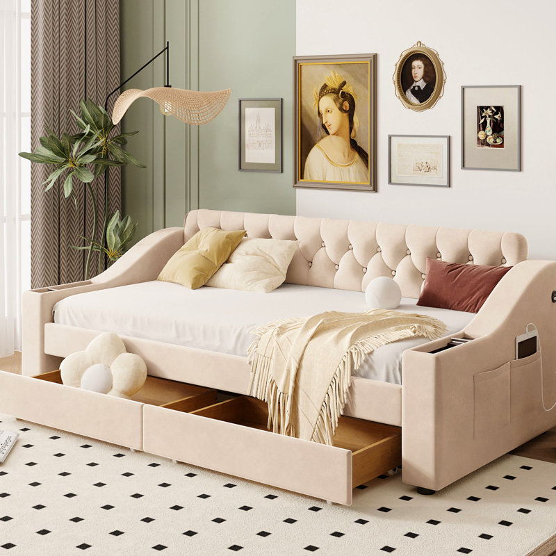 Lit de jour simple beige avec rangement pour accoudoirs et bloc d'alimentation fonctionnel, Beige