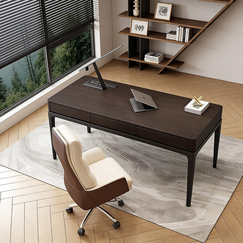 Bureau minimaliste en bois massif brun foncé - avec prises de courant intégrées et recharge sans fil