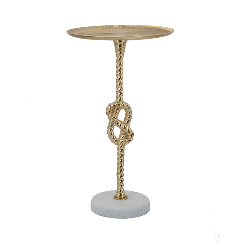 Table d'appoint dorée 13,8 x 13,8 x 24 po avec nœuds en corde et base en marbre blanc (table basse incluse)