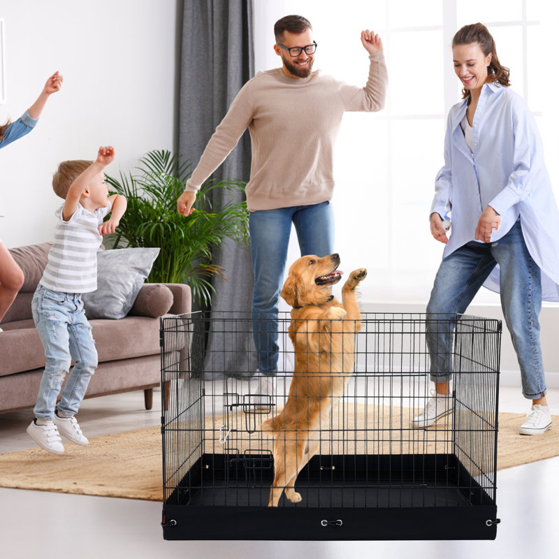 Foldable Black Metal Dog Playpen with Waterproof Bottom Pad