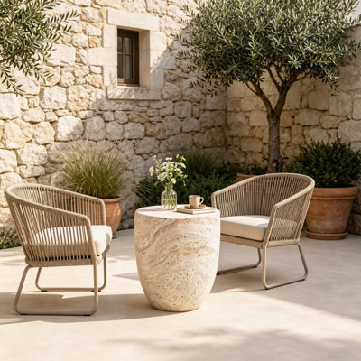 Table de bout d'appoint cylindrique beige de 14,25 pouces, table d'appoint en finition de travertin en béton léger, aucun assemblage, mobilier d'extérieur robuste et durable pour le salon, le balcon, le patio, le décor