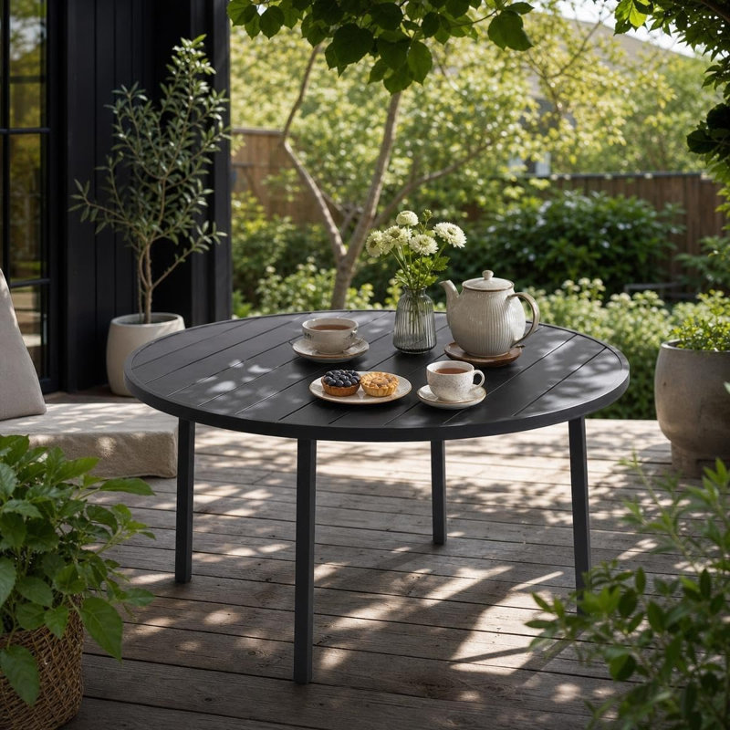 Table d'extérieur en métal, table ronde pour 6 personnes avec trou pour parasol, table de patio au design minimaliste moderne