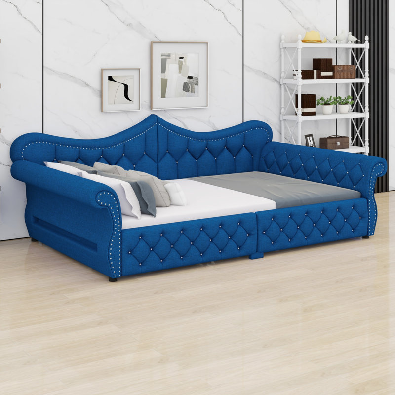 Nailhead Decor Upholstered Daybed with LED, Blue