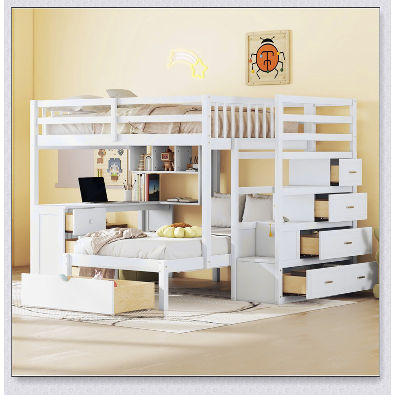 Latitude Run® Full Over Twin Bunk Bed With Desk, Drawers And Shelves ...