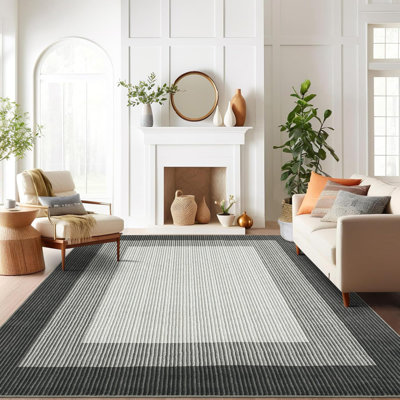8X10FT Area Rug Machine Washable Modern Low Pile Non Slip Rugs Striped Edge Foldable Area Rug Stain Resistant Imitation Print Indoor Carpet Entryway Bathroom Rug Faux Wool Netural Rug for Dining Room
