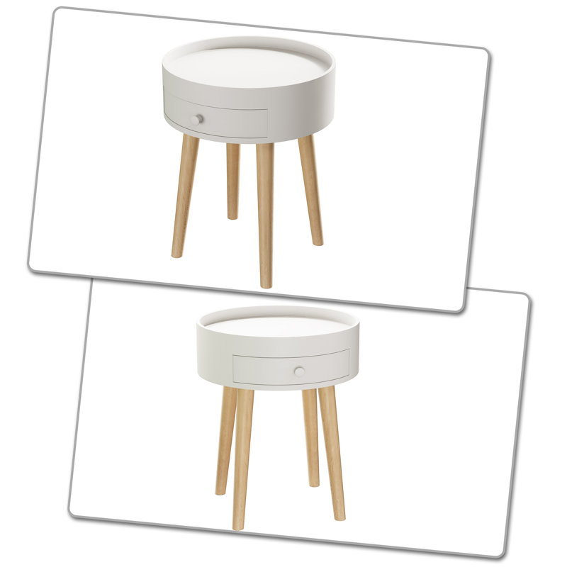 Table de bout de style moderne avec tiroirs et pieds en bois Kaydens pour chambre à coucher et salon, Blanc