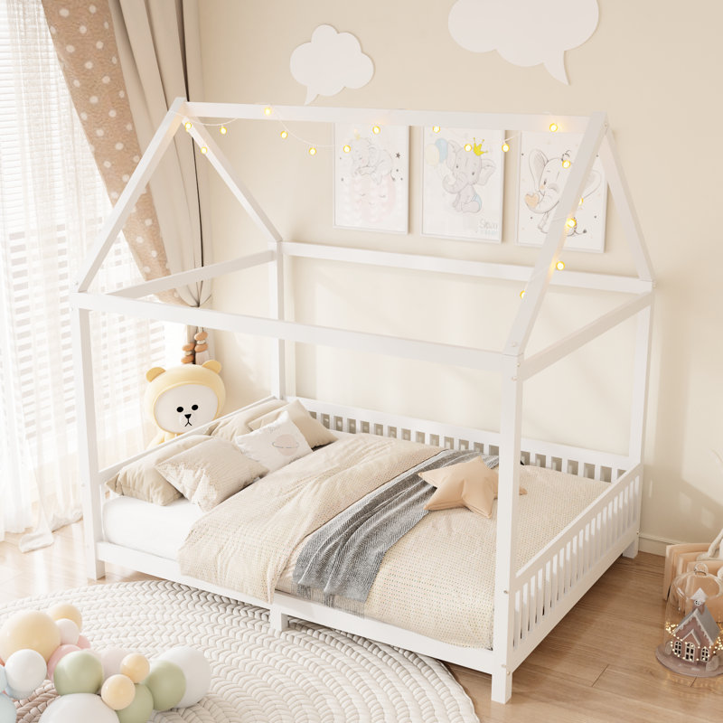 Lit en bois blanc avec garde-corps et DEL - Ajoutez une étincelle aux chambres à coucher à DEL, pleine grandeur, plaisir
