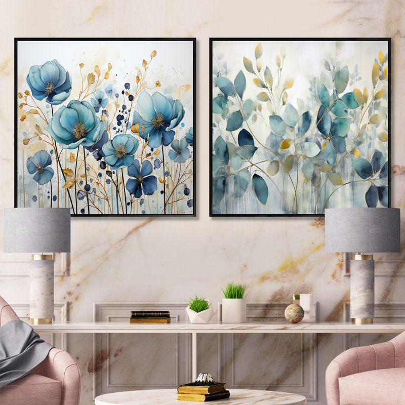 Blue Botanical Rhythms - Ensemble de 2 collages carrés botaniques abstraits, Cadre flottant noir, H 16 po x l 33 po