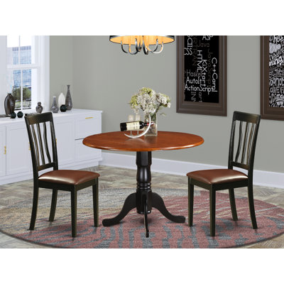 3 Piece Kitchen Table Set for Small Spaces Contains a Round Dining Room Table with Dropleaf and 2 Faux Leather Upholstered Chairs, 42x42 Inch, Black & Cherry