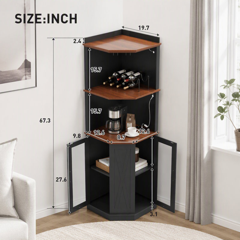 Meuble-bar de coin de 171 cm avec prise électrique, meuble-bar à vin de style campagnard avec étagères réglables, éclairage et porte-verres.
