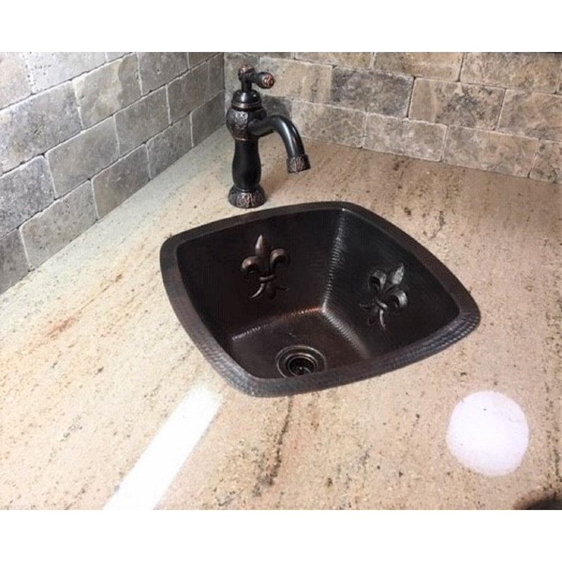15" Square Copper Wet Bar Sink with Fleur de lis Design